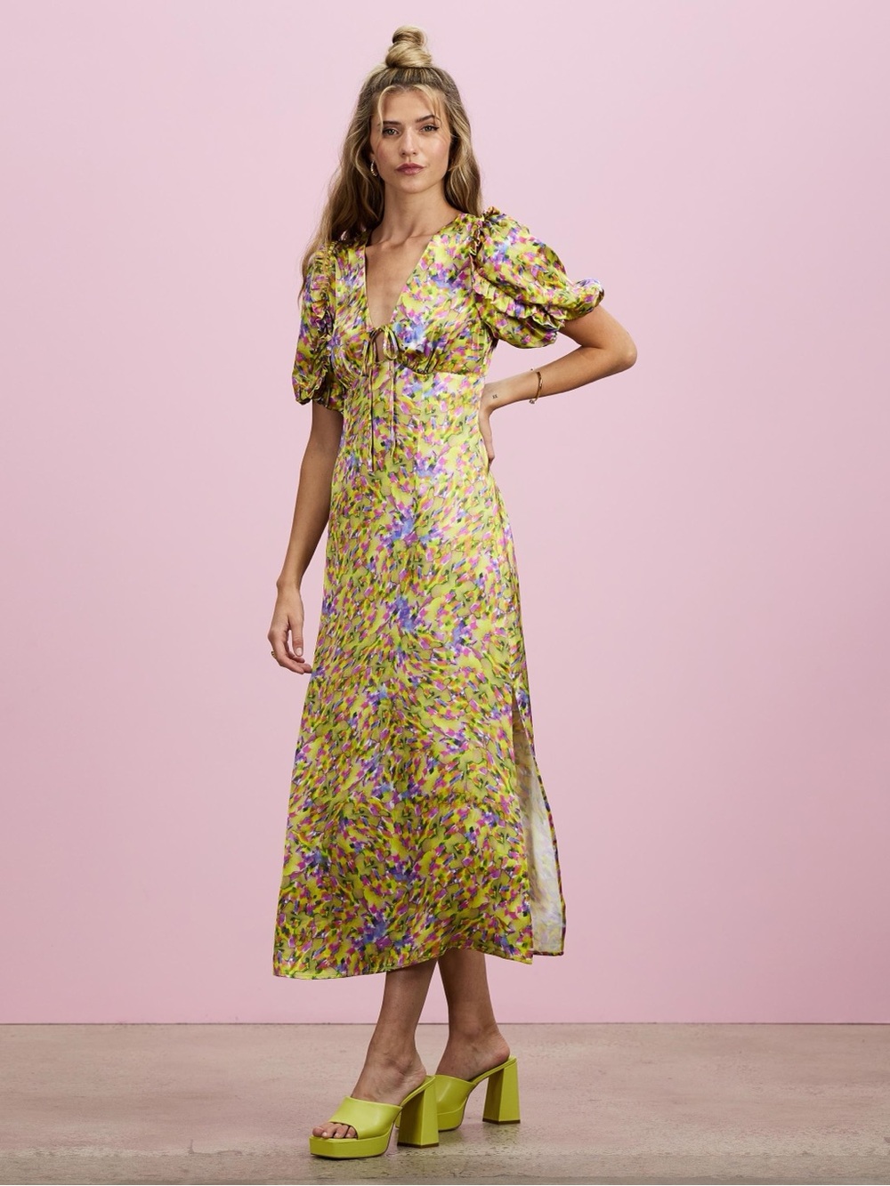 Topshop Blurred Watercolour Midi Ruffle Tea Dress Floral Puff Sleeve Size 6